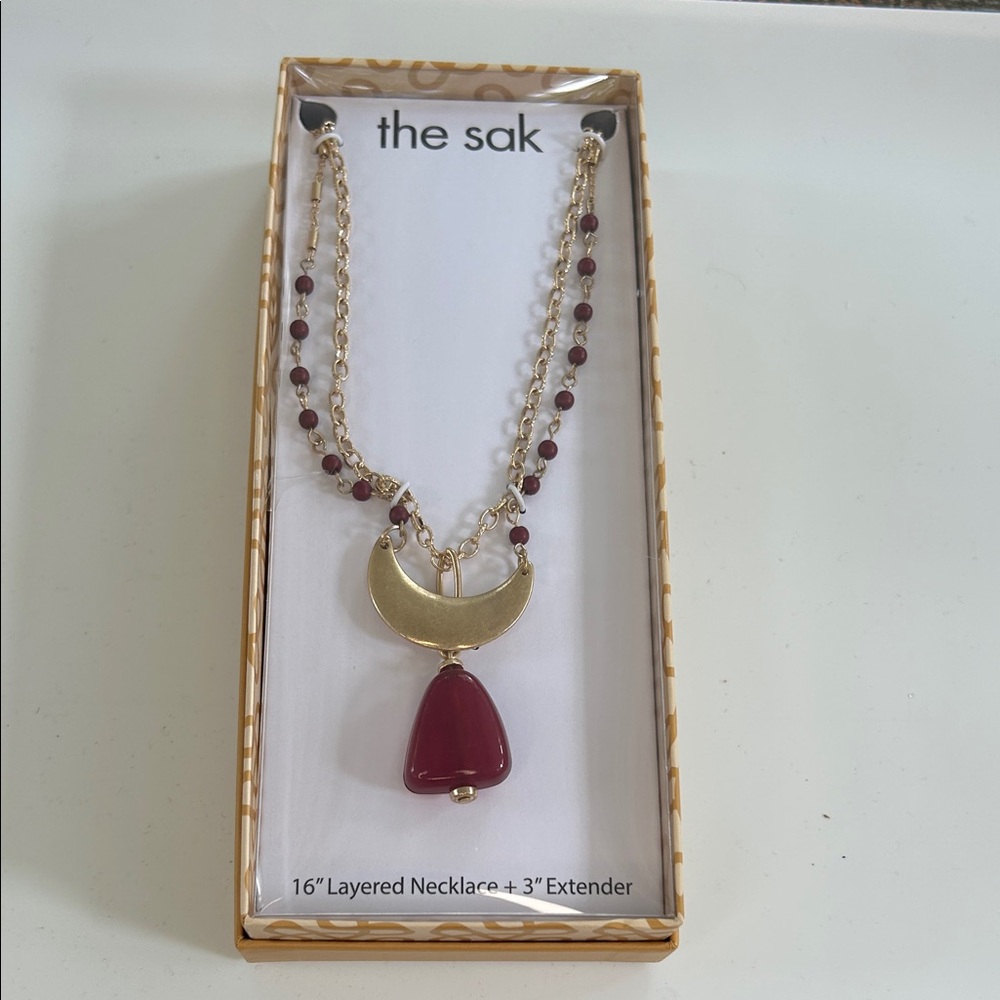 The Sak Gold Tone and Burgundy Beaded Layered Necklace NWT